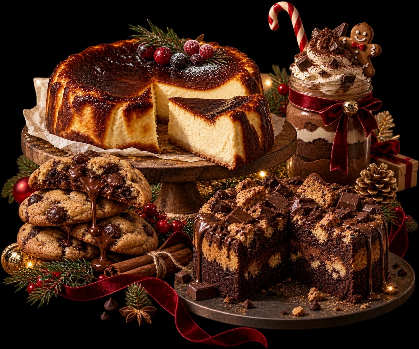Basque cheesecake, cookies, brookie squares and a dessert jar